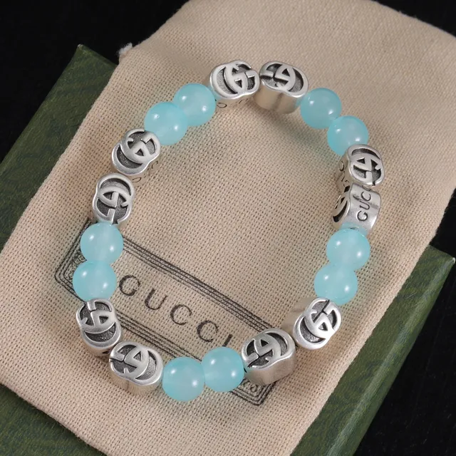 Gucci Interlocking GG سوار خرز أزرق فضي شعار خرز نقش أحرف سوار 3