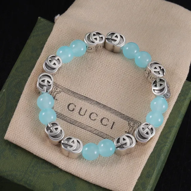 Gucci Interlocking GG سوار خرز أزرق فضي شعار خرز نقش أحرف سوار 4