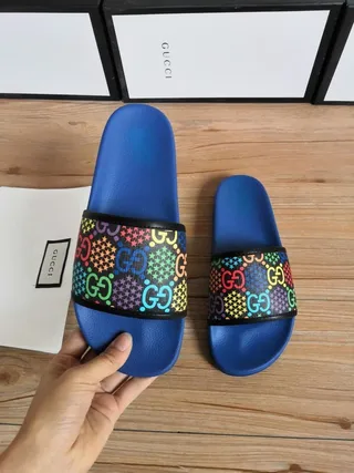 Gucci Multicolore GG Monogram Pantoufles Bleues à Glisser 3