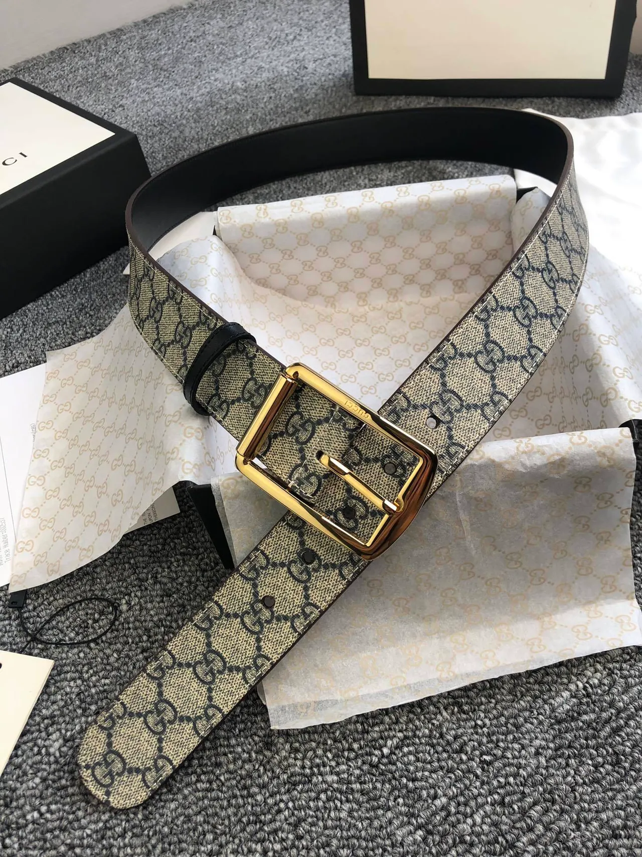 Gucci Ophidia beige noir GG Monogram Canvas Gold-Tone Rectangular Buckle Leather Belt 3