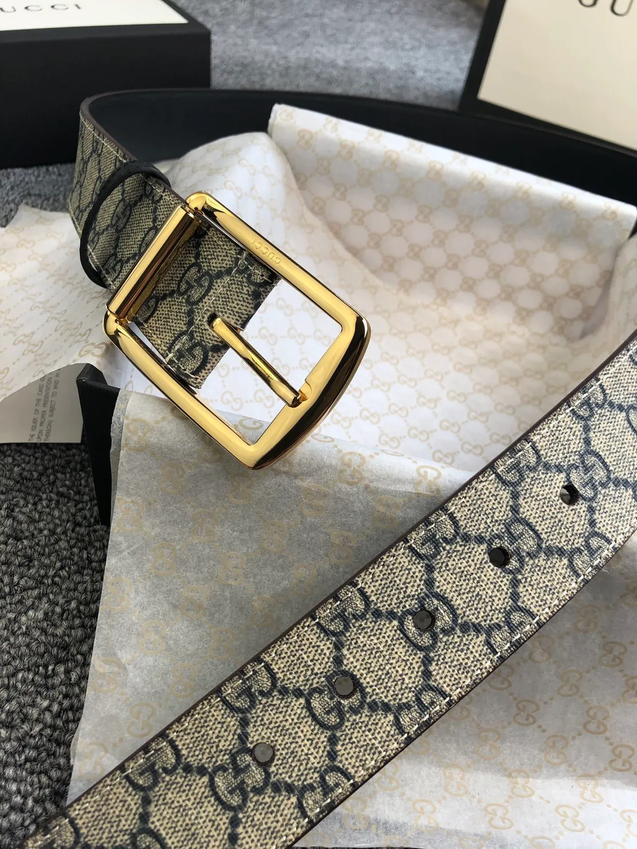 Gucci Ophidia beige noir GG Monogram Canvas Gold-Tone Rectangular Buckle Leather Belt 6