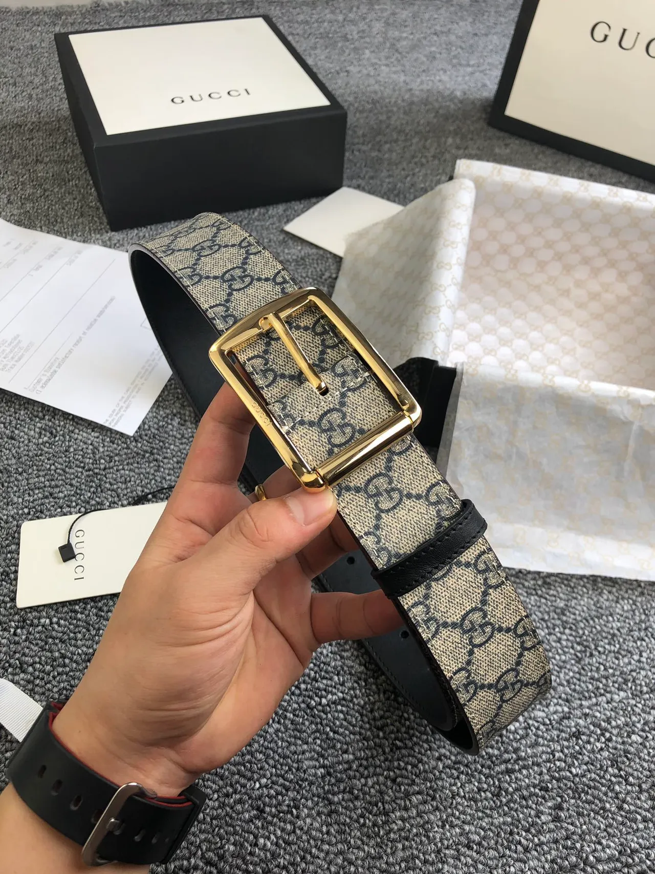 Gucci Ophidia beige noir GG Monogram Canvas Gold-Tone Rectangular Buckle Leather Belt 7