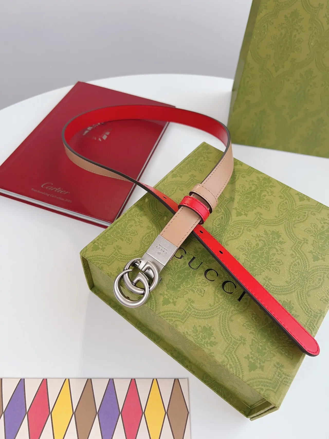 Gucci Ophidia Double G Interlocking Buckle ceinture en cuir rouge et beige 8