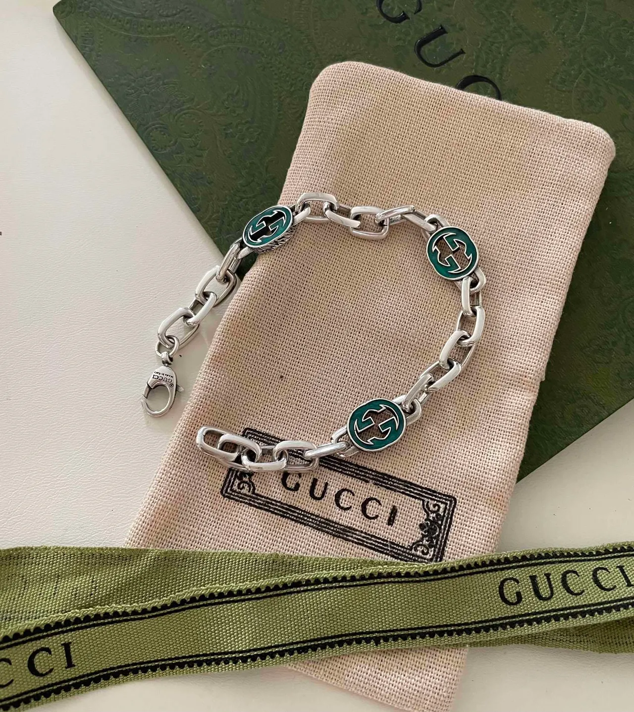 Gucci Ophidia Green Enamel GG Link Bracelet 3