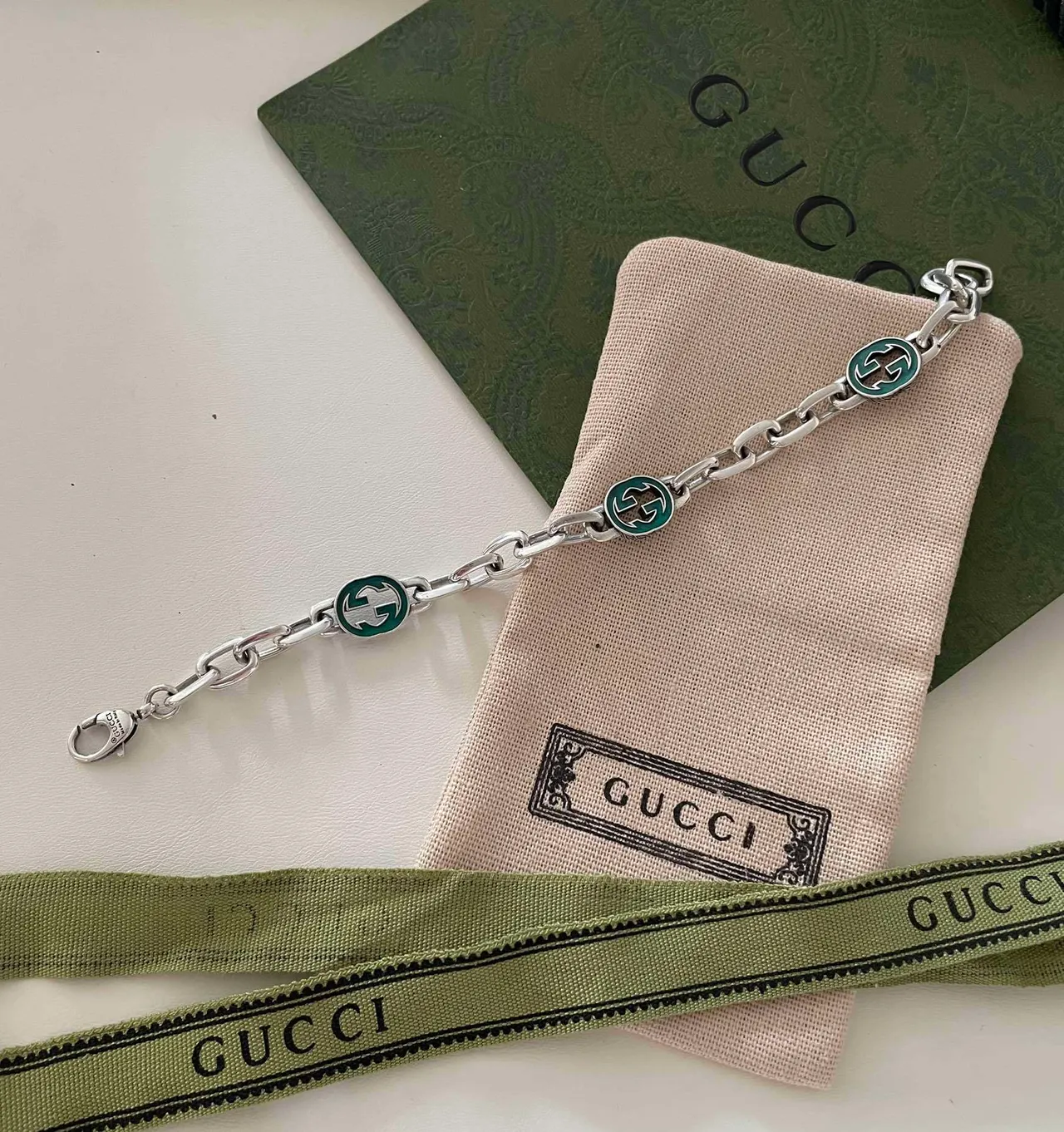 Gucci Ophidia Green Enamel GG Link Bracelet 4