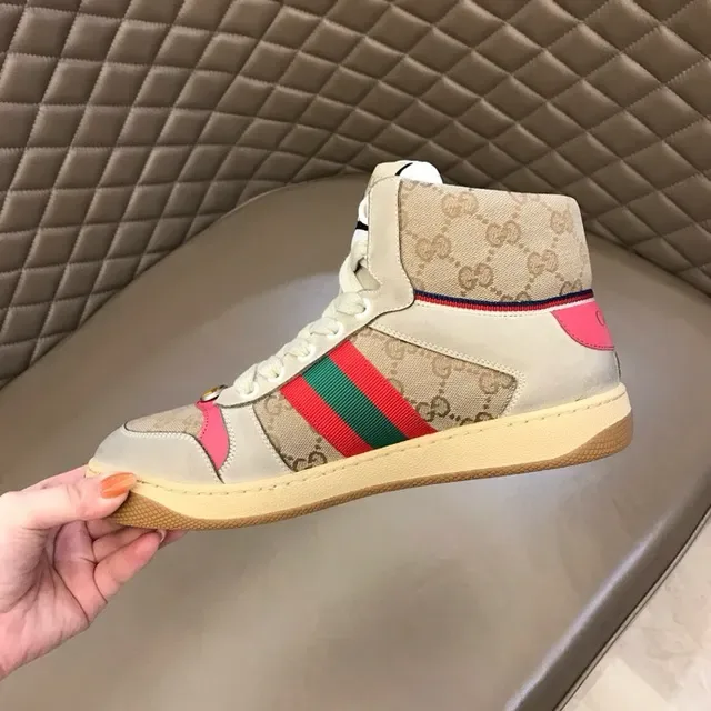 Gucci Screener بيج وردي أخضر شبكي خطوط أسلوب حياة حذاء رياضي 4