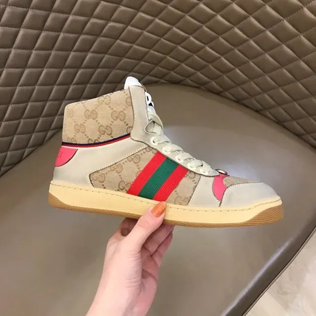 Gucci Screener بيج وردي أخضر شبكي خطوط أسلوب حياة حذاء رياضي 5
