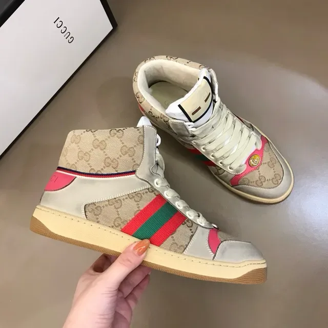 Gucci Screener بيج وردي أخضر شبكي خطوط أسلوب حياة حذاء رياضي 6
