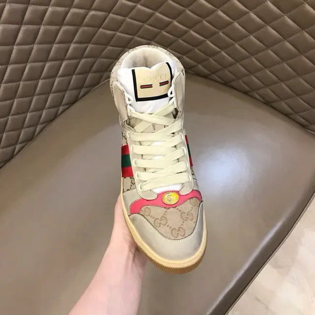 Gucci Screener بيج وردي أخضر شبكي خطوط أسلوب حياة حذاء رياضي 7