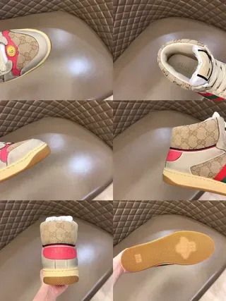 Gucci Screener بيج وردي أخضر شبكي خطوط أسلوب حياة حذاء رياضي 8