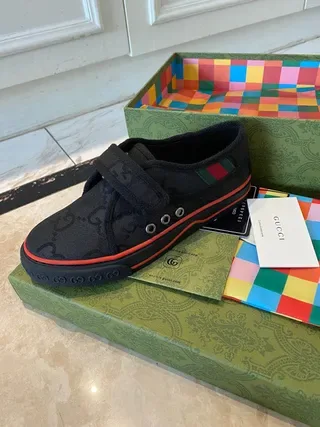 Gucci Screener Negro Naranja Correa Velcro Cierre Interlocking G Jacquard Superior Sneakers Estilo de Vida 2