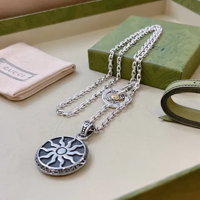 Gucci Silver Black Chain Circular Sunburst Pendant Necklace 9
