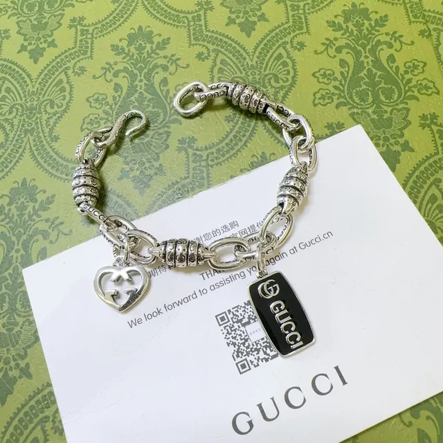 Gucci Silver Black Chunky Chain Link Textured Barrel Connectors Bracelet 4
