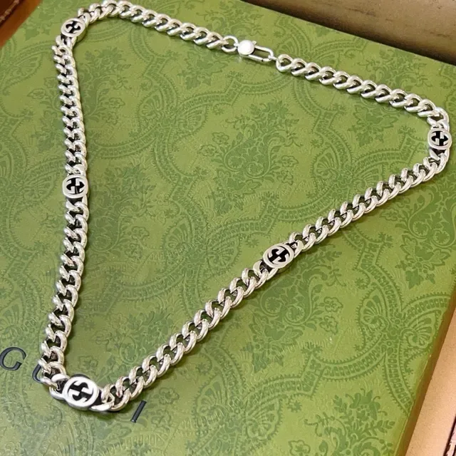 Gucci Silver Black Curb Link Chain Interlocking GG Medallions Necklace 6
