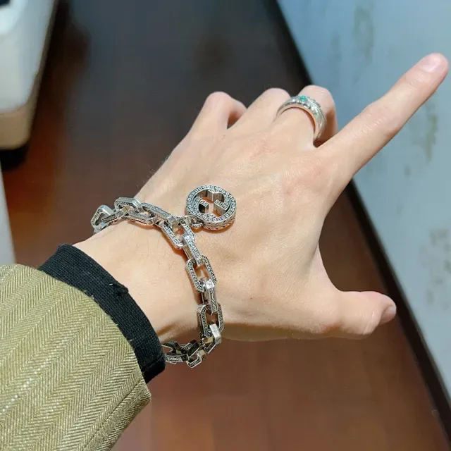 Gucci Silver Black Oxidized Engraved Rectangular Links Bracelet 8