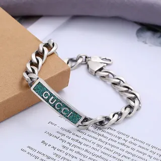 Gucci Silver Blue Chunky Curb Chain Rectangular Plaque Bracelet
