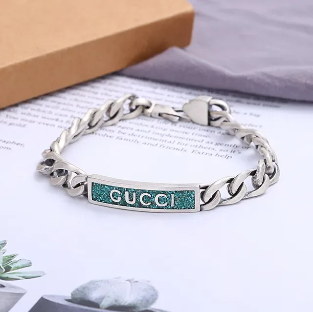 Gucci Silver Blue Chunky Curb Chain Rectangular Plaque Bracelet 4