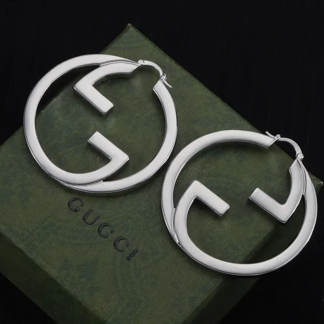 Gucci Silver Green Large Hoop Interlocking G Logo Earrings 5
