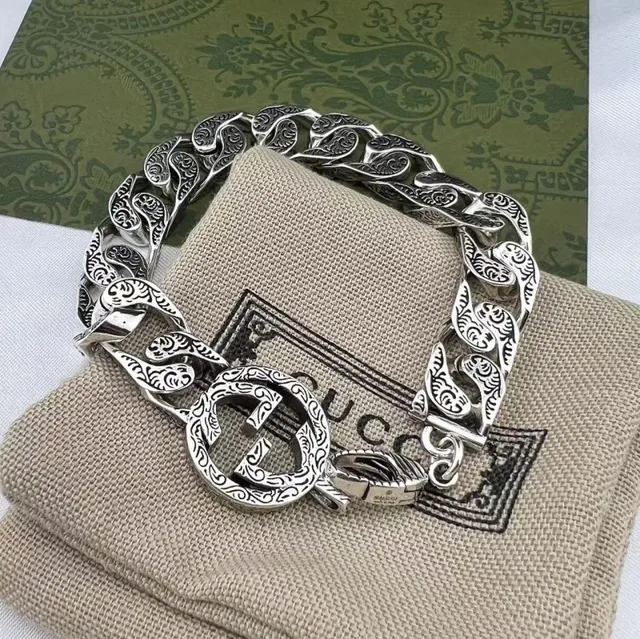 Gucci Argent Orné Gravé Paisley Maillons Interlocking G Boucle Bracelet 2