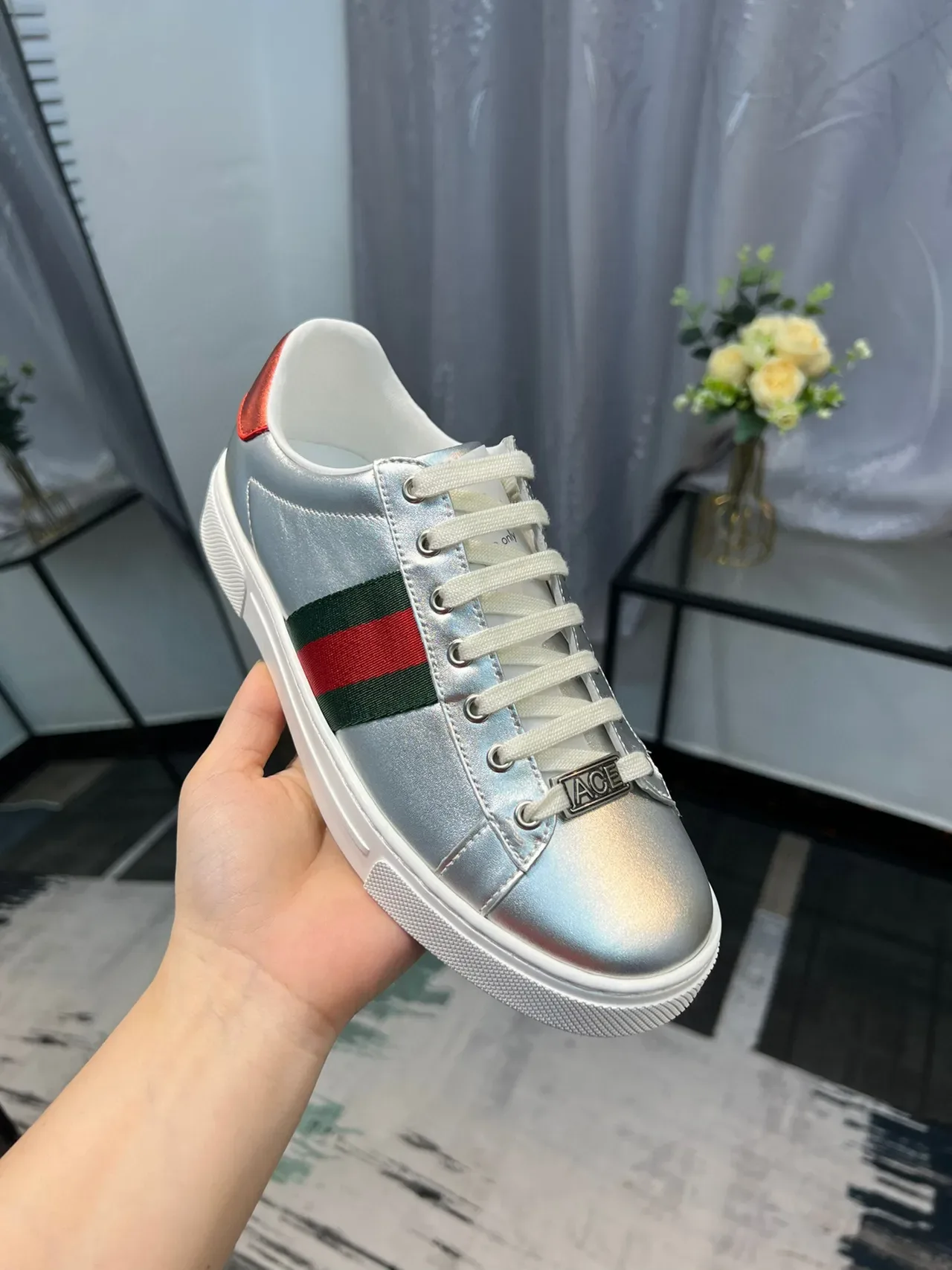 Gucci 银红金属皮革织带生活方式运动鞋 6