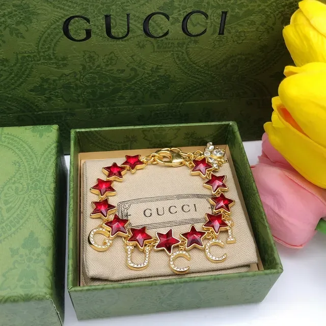 Gucci Estrella y Alfabeto de Cristal Cadena de Oro Rojo Pulsera de Estrellas Facetadas 7