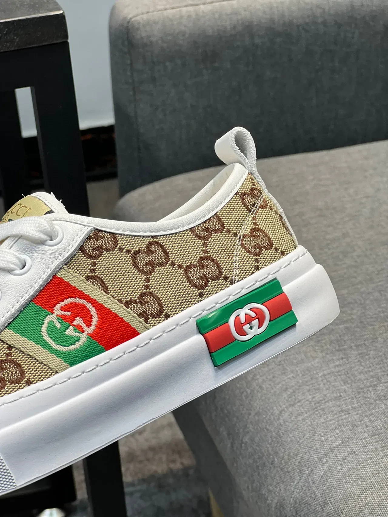 Gucci White Beige GG Monogram Canvas Red-Green Web Stripe Lifestyle Sneakers 8