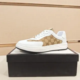 Gucci White Beige Low-Top Leather-and-Canvas Lifestyle Sneakers — Gucci Lifestyle Sneakers photo from the Yupoo catalog