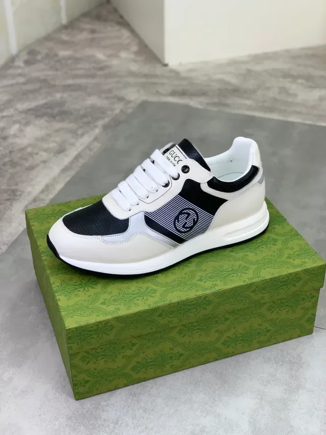Gucci White Black Layered Mixed-Material Upper Perforated Leather Toe Lifestyle Sneakers 4