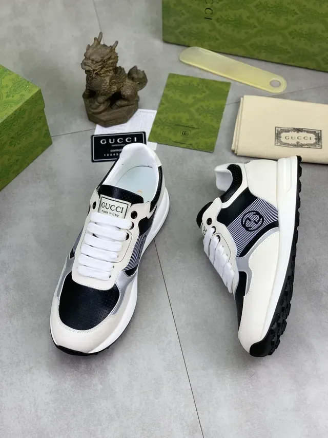 Gucci White Black Layered Mixed-Material Upper Perforated Leather Toe Lifestyle Sneakers 5
