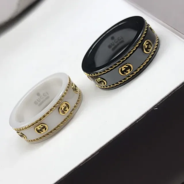 Gucci White Gold Ceramic Band Rope Trim Ring 2