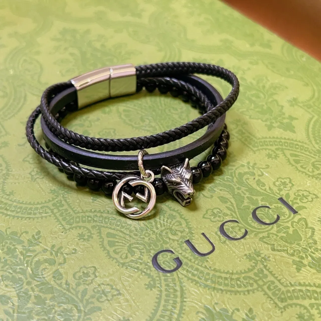 Gucci Wolf Head Bracelet Black Silver Multi-Strand Braided Leather Bracelet 3