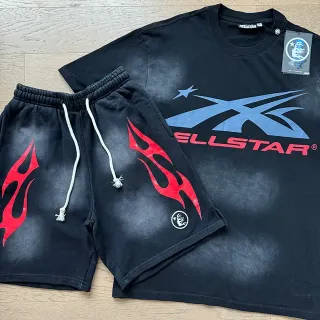 Hellstar Acid-Wash Black Flame Graphic Tracksuit