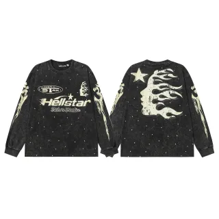 Hellstar Distressed Black Flame Graphic Long-Sleeve T-Shirt