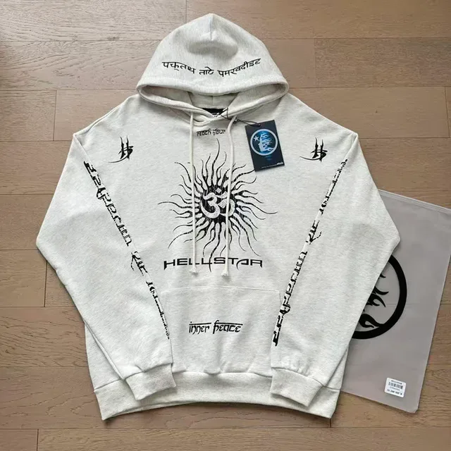 Hellstar Om Sunburst Graphic গ্রে কালো Oversized Fit হুডি 3