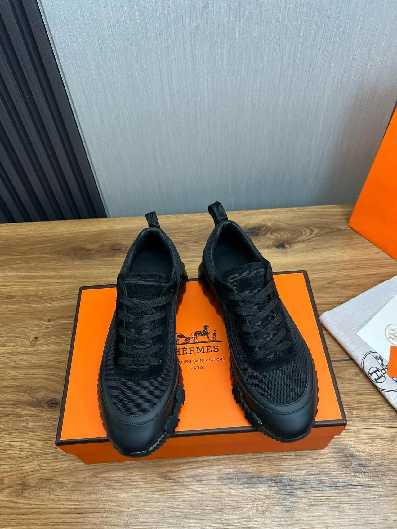Hermès Black Mesh And Suede Upper Sculpted Ridged Rubber Sole Lifestyle Sneakers 2