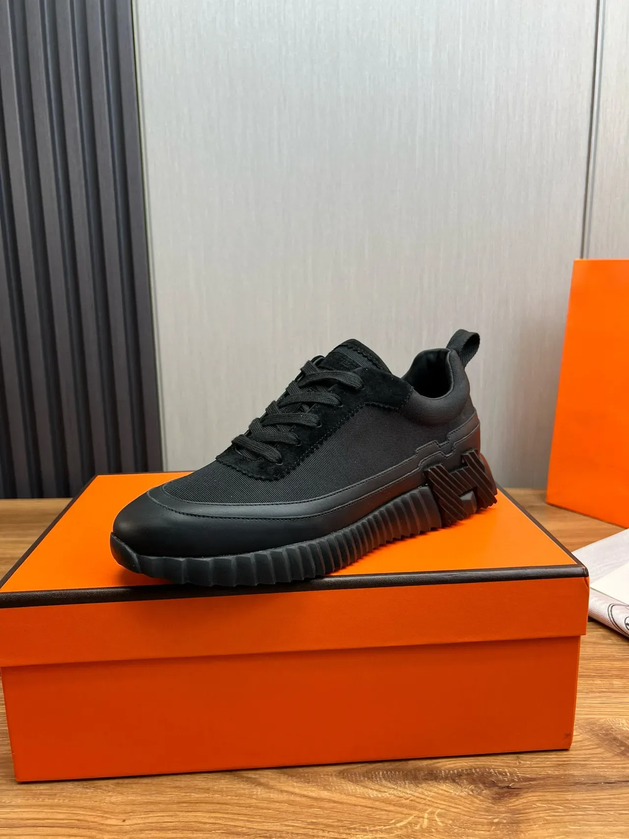 Hermès Black Mesh And Suede Upper Sculpted Ridged Rubber Sole Lifestyle Sneakers 3