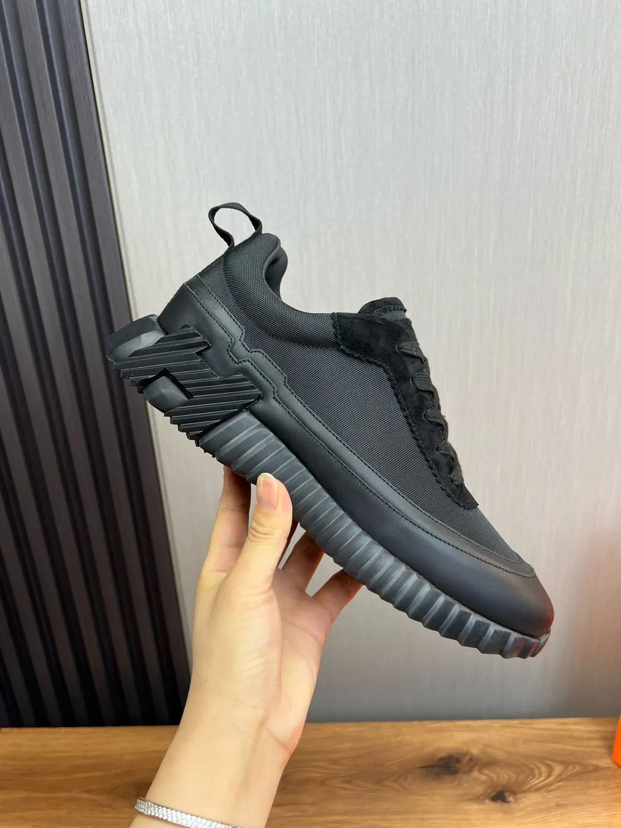 Hermès Black Mesh And Suede Upper Sculpted Ridged Rubber Sole Lifestyle Sneakers 6