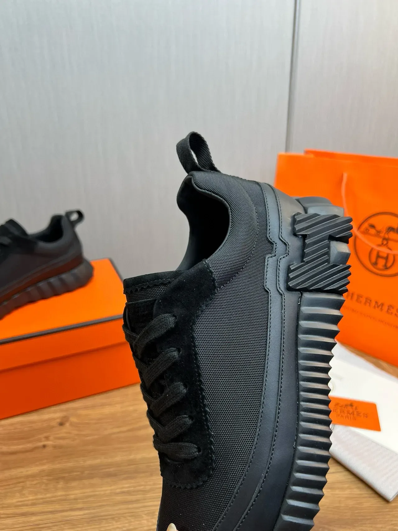 Hermès Black Mesh And Suede Upper Sculpted Ridged Rubber Sole Lifestyle Sneakers 7