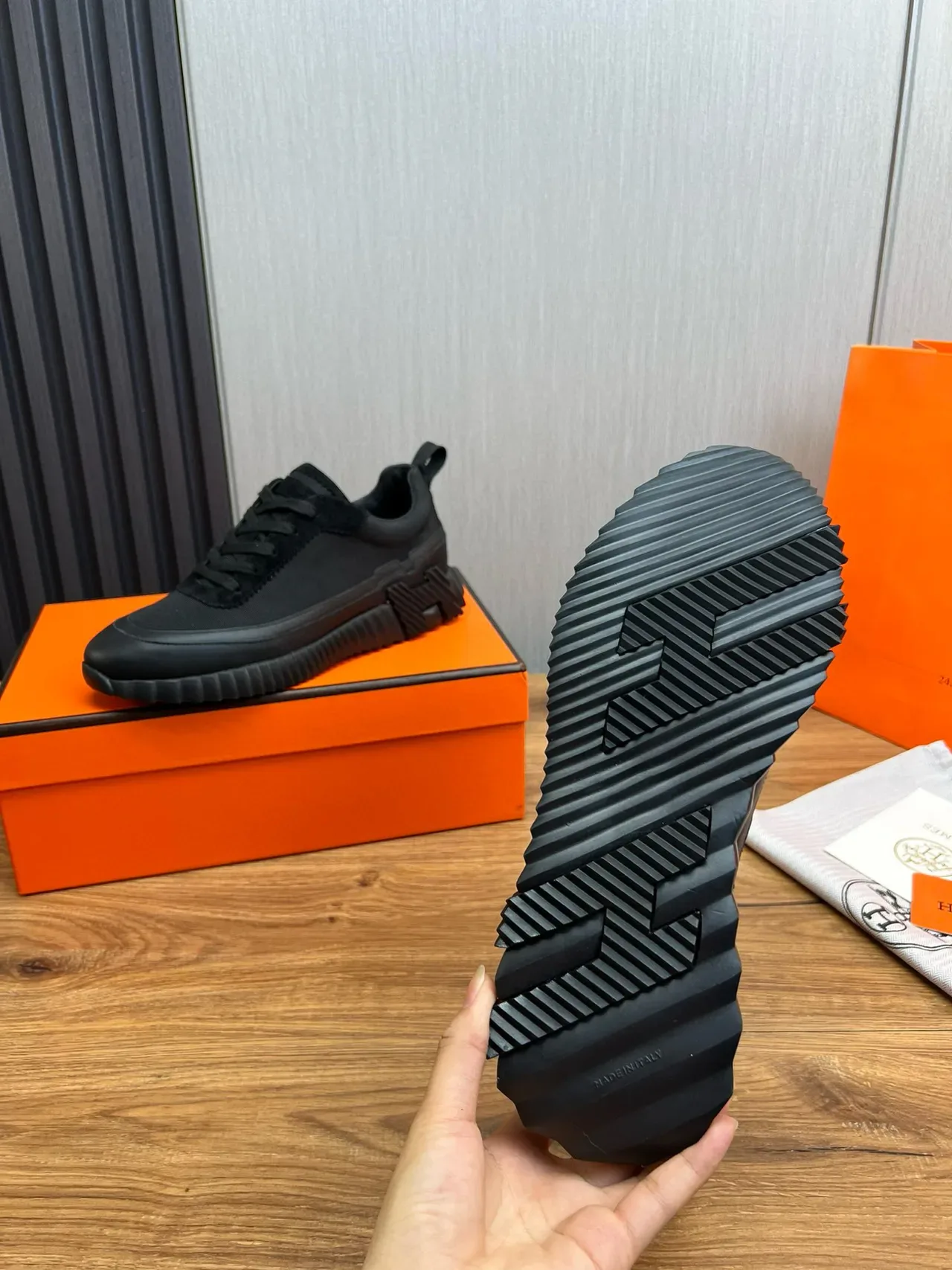 Hermès Black Mesh And Suede Upper Sculpted Ridged Rubber Sole Lifestyle Sneakers 8