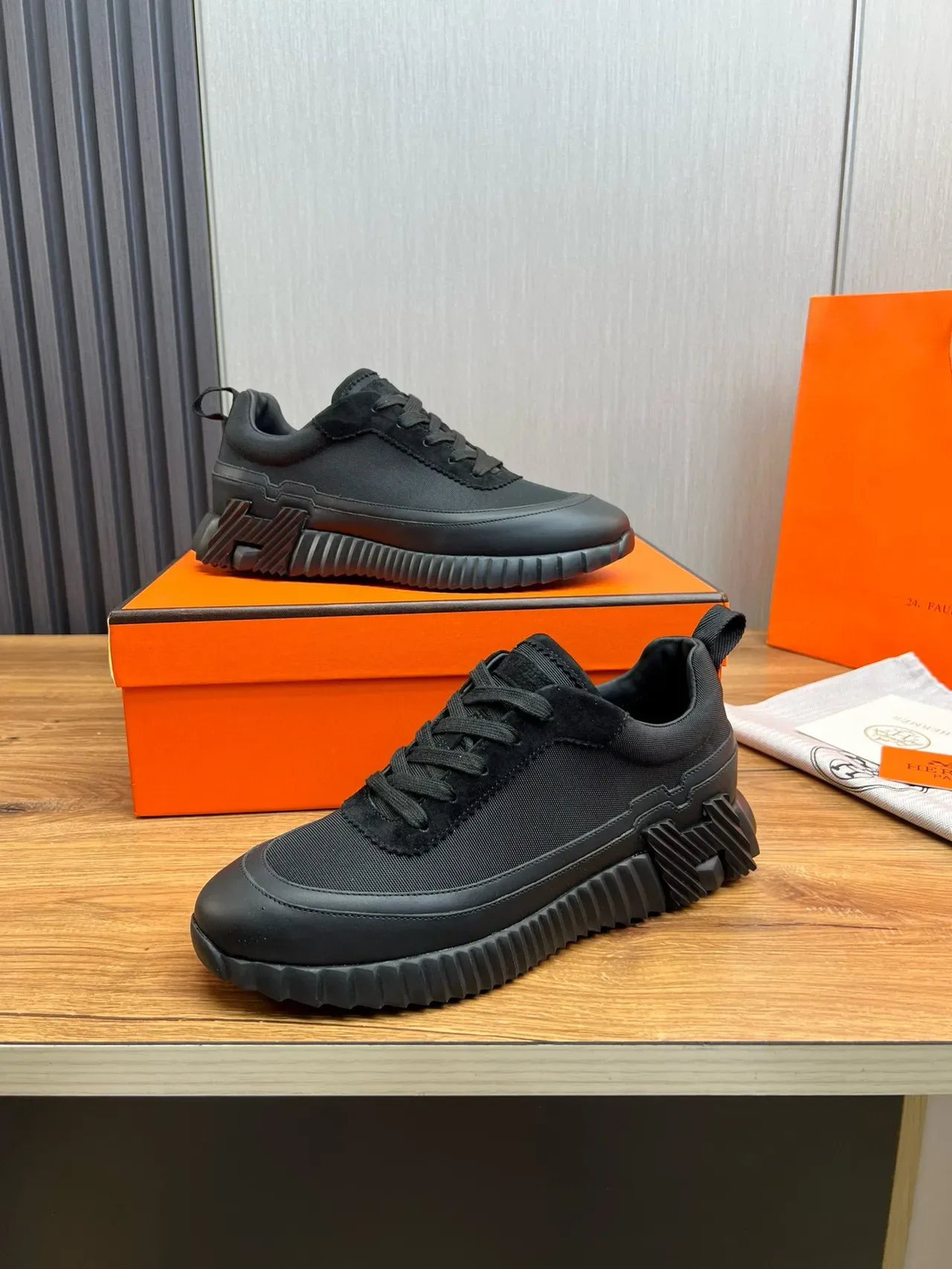 Hermès Black Mesh And Suede Upper Sculpted Ridged Rubber Sole Lifestyle Sneakers 10