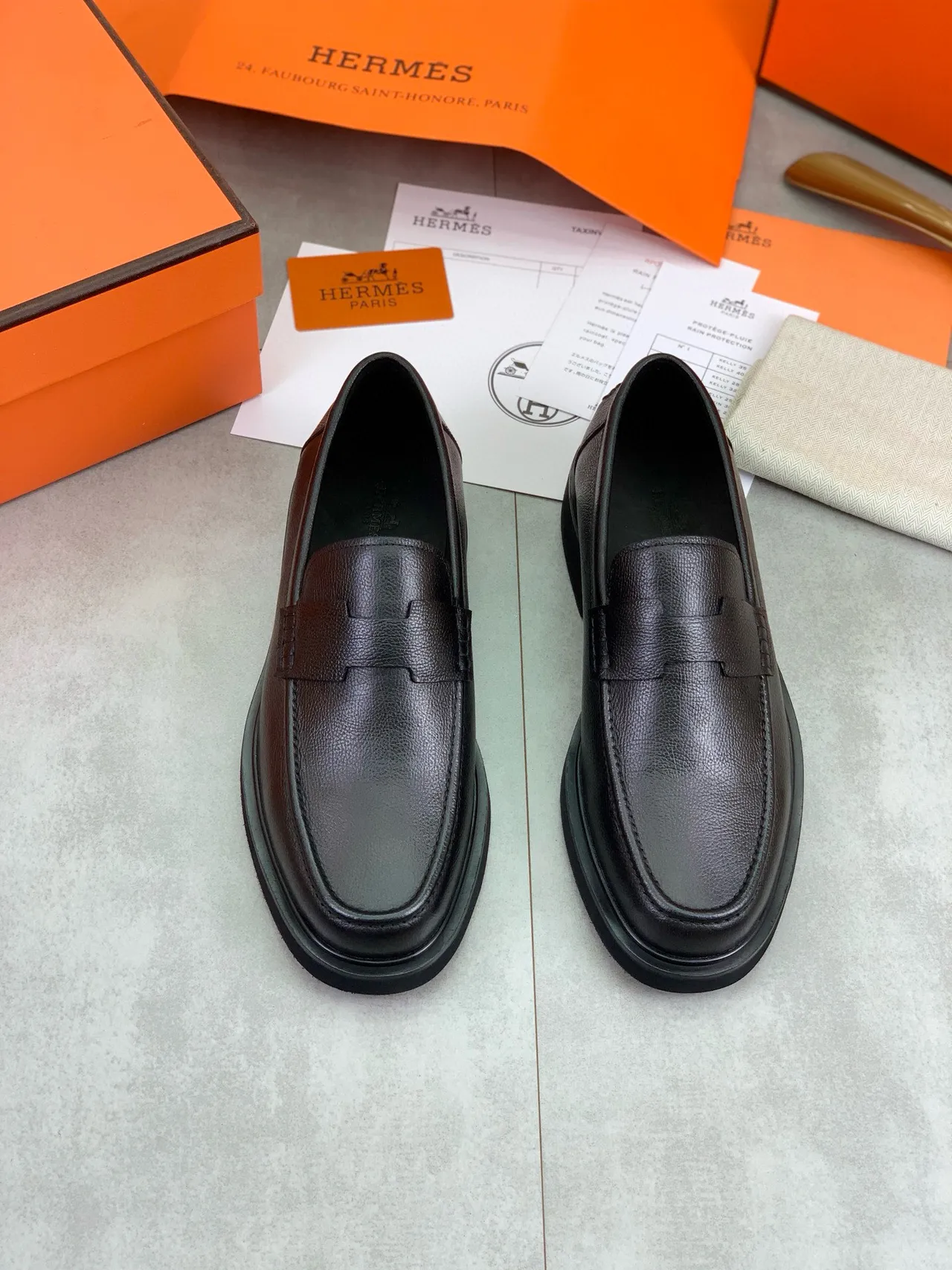Hermès Black Pebbled Leather Penny Loafer 5