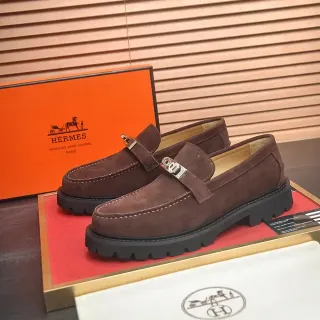 Hermès 棕黑麂皮鞋面金属H扣带乐福鞋