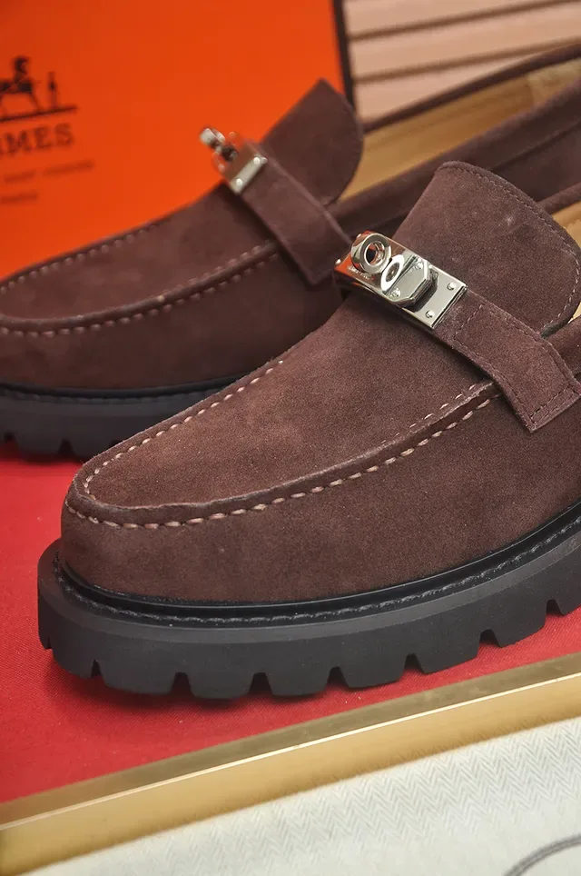 Hermès Brown Black Suede Upper Metal H-Buckle Strap Loafer 2
