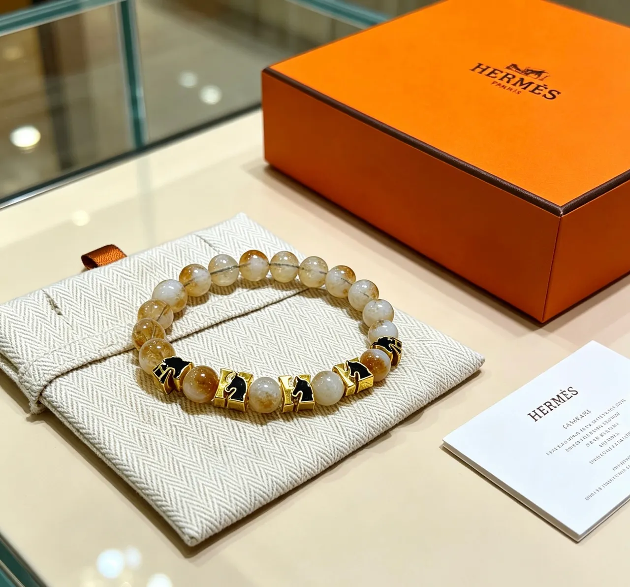 Hermès Cheval Beige Gold Beaded Rutilated Quartz Bracelet 3