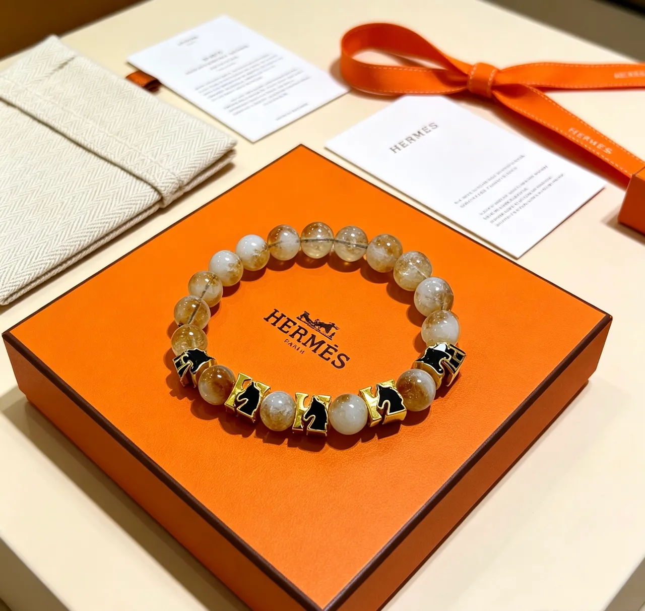 Hermès Cheval Beige Gold Beaded Rutilated Quartz Bracelet 5