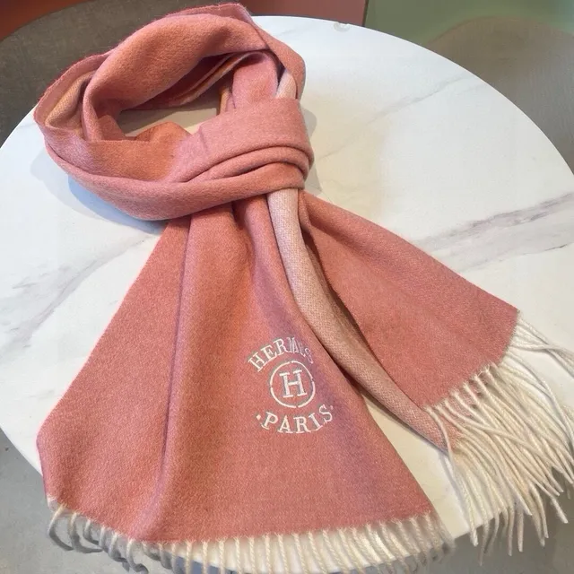 Hermès Embroidered Logo Dusty Pink Cashmere Scarf 5