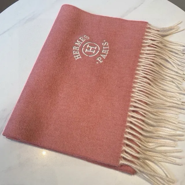 Hermès Embroidered Logo Dusty Pink Cashmere Scarf 7