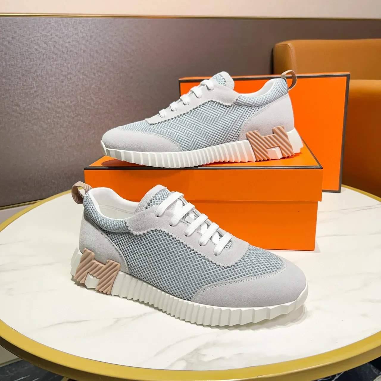 Hermès Gray White Mesh And Suede Upper Zigzag-Patterned Midsole Sneakers 2