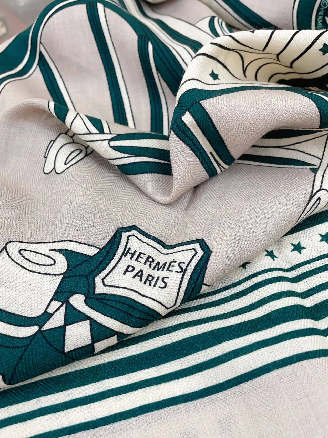 Hermès हरा भूरा ज्यामितीय धारी बैंड पत्तेदार मेडेलियन बॉर्डर स्कार्फ 9