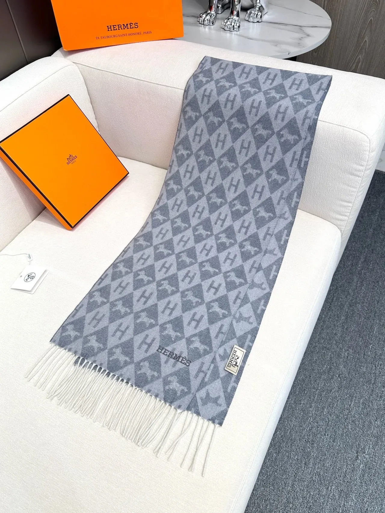 Hermès Monogram-Print Gray and Cream Cashmere Scarf 6